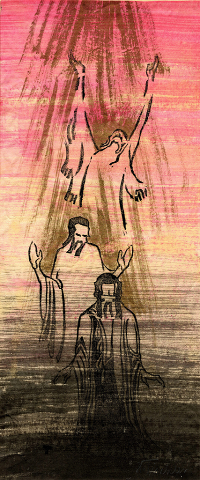 Morgengebet<br>
1916, farbiger Linolschnitt, Mischtechnik; 41 x 18,6 cm (Blatt)