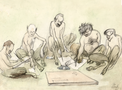 Hermanas Torvirtas, Komitet redakcyjny magazynu „Subotnik chudožnikov”: M. Leibovskis, B. Zalkindas, Ferencas-Sokolovskis, H. Torvirtas and I. Rybakovas, 1913 (Nr T-627). Praca znajduje się w zbiorach Litewskiego Muzeum Sztuki