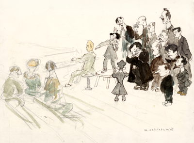 Mojżesz Lejbowski,  Sobotni koncert u artystów, 1913 (No T-643). Prace znajdują się w zbiorach Litewskiego Muzeum Sztuki