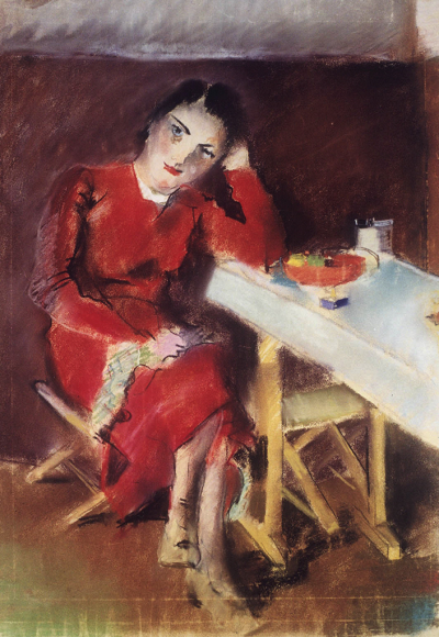 Žena v červeném (Marie s pletením)<br>
JMP, Inv. No. 176.184